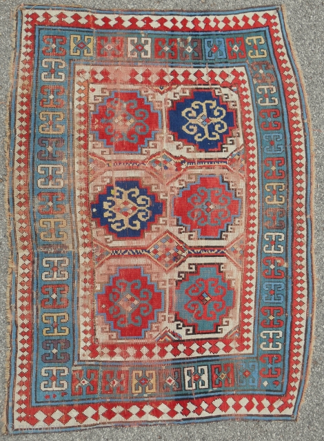 Reduced Caucasian Kazak rug fragment with some interesting features. Works well in this format. About 4 x 6 ft. Good drawing, circa 1870.          