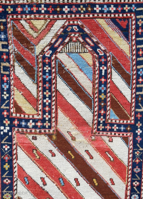 Small (29" x 52"), classic striped Caucasian Gendge prayer rug with silky wool. c. 1860-80. Good condition. Relatively fine weave.             