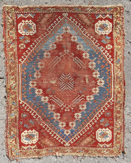 
Early small Kiz Bergama west Anatolian rug. 3'-2" x 3'-11". Fine and thin with features and details i have not seen before, including the Ladik border. Excellent saturated color! i think circa  ...