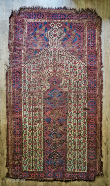Early (c. 1830) rare Beshir prayer rug. Ex. Jim Dixon. 3'-6" x 6ft. About as old as they get. Sorry for the picture quality. Published in Hali, issue 151. 4th picture ...