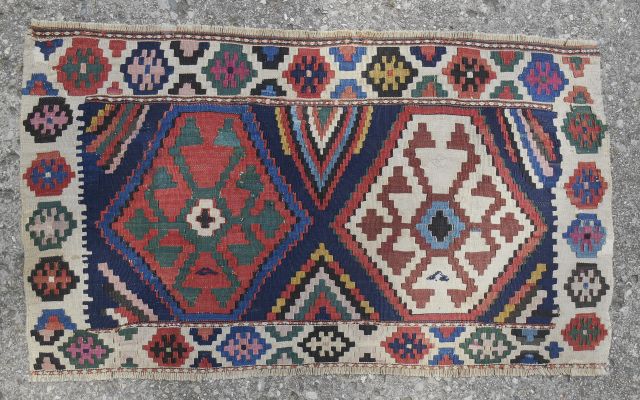 Exceptionally bold Shahsavan Kilim mafrash panel.  Over 10 distinct clear, saturated colors. Excellent condition. Circa 1850-70. Email for more information.  Patrickpouler@gmail.com          