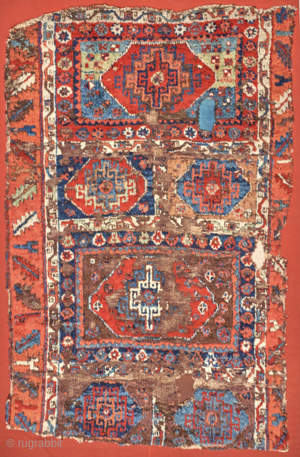 Rare 18th c. Anatolian Sivas Sarkisla rug fragment. 48"x 64". (Missing only about 2 ft at the bottom.) Exceptional wool and color (including natural camel). Mounted to the highest standard. Once in  ...