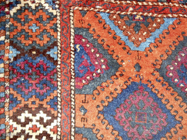 Early 19th c. Sarkisla rug. Another from the Jim Dixon collection. 50" x 80". Plenty of offset knotting. Good pile except for parts of the center. Blue wefting. Classic colors including natural  ...