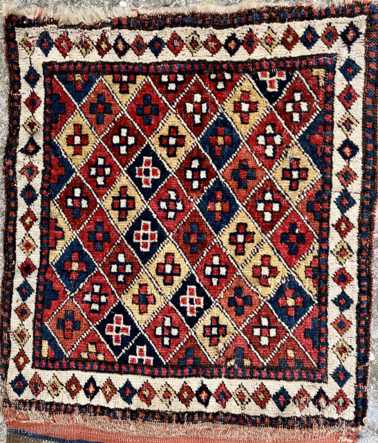 Shahsavan opened pile diamond bag with a stunning striped kilim back. 44 x 100cm. Circa 1850-70. Good condition. Email: patrickpouler@gmail.com