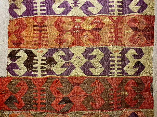 Rare 17th-18th Anatolian kilim panel fragment. (Detail) 38" x 7.5 ft. Conserved and mounted on linen. Email: patrickpouler@gmail.com