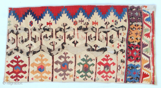 18th c. Central Anatolian kilim panel fragment. Conserved and mounted on linen.                     
