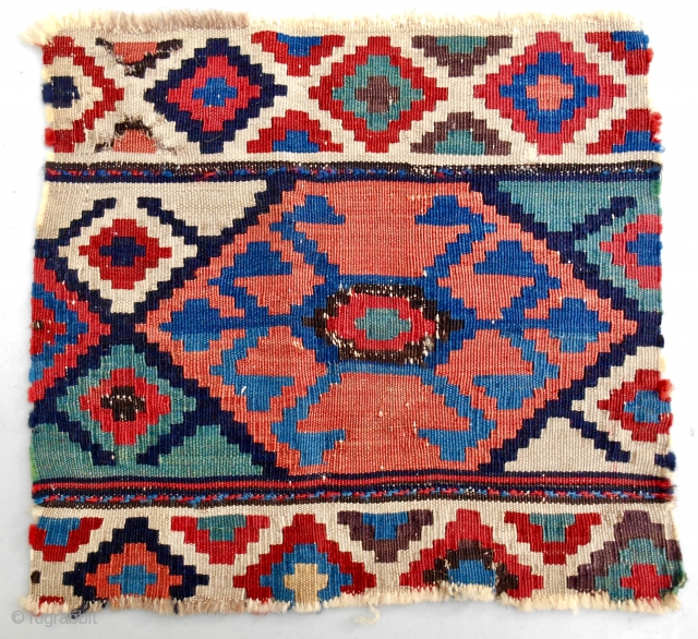 Fine kilim mafrash end panel (14" x 13"). 19th c. Bold design. Crystal clear colors.                  