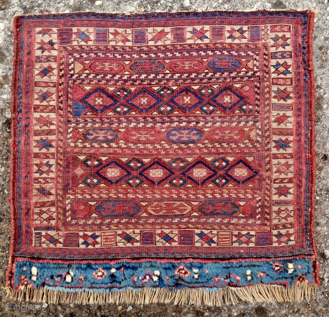 Early 19th c. Shahsavan ?? sumak bagface (22" x 20"). Perhaps the very finest sumak weave i have ever seen. Beautiful compartment design. Enigmatic star and bar white border. Excellent old color  ...