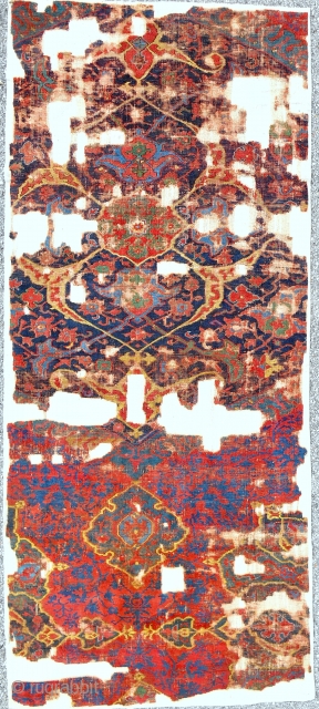 Early 17th c. Large Ushak carpet fragment. 115 x 265cm. Mounted expertly on linen. Best color and drawing. Could be 16th c.           