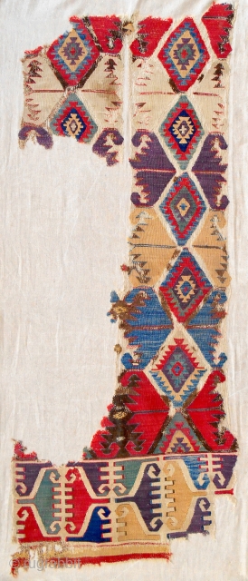 Fine 18th c. Central Anatolian kilim fragment. Mounted to the highest standard. Dramatic, clear, saturated color.                 