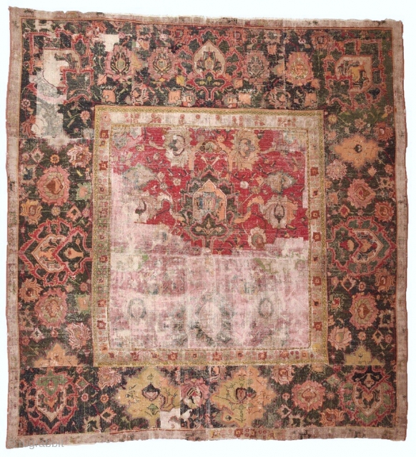 Large 17th c. Persian Safavid palmette carpet fragment. Assembled together pieces. (7 x 8ft rectangle with borders all around). Speaks for itself.           