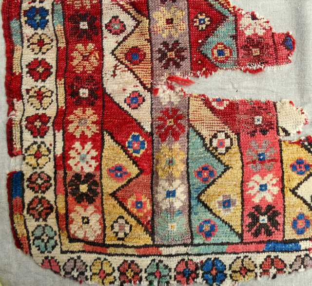 18th c. Anatolian Konya area rug. About 4.5  x 5.5ft. Good pile. Exceptional color! Mounted on linen. Email: patrickpouler@gmail.com             