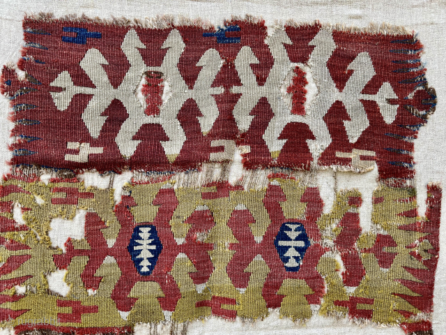 Bold 18th c. Central Anatolian kilim panel fragment. (61x88cm). New to the market. Cleaned, conserved and professionally mounted on linen. Email: patrickpouler@gmail.com           