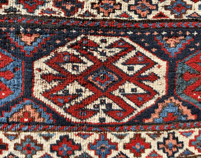 C. 1850 Persian Khamseh or Lori bagface. 37"x 15". Silky, fine wool. Floppy, old handle. Saturated, clear, natural dyes. Please email: patrickpouler@gmail.com