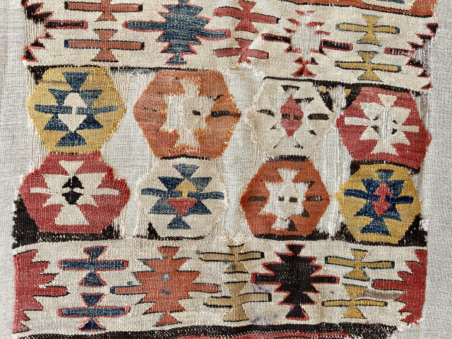18th c. Central Anatolian kilim fragment. 25"x 52". Full panel width. Conserved and mounted on linen. New to the western market. Please email me: patrickpouler@gmail.com