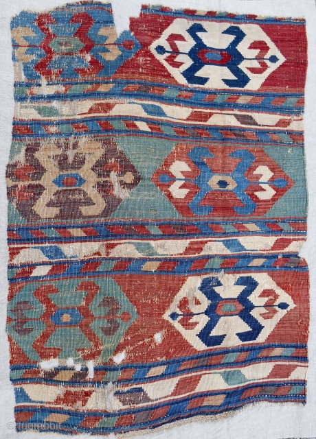 Armenian kilim fragment. Early 19th c. Fine and beautiful. Cleaned, conserved and professionally mounted on linen.                 