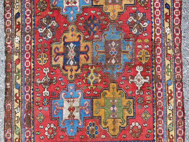 17th-18th c. "Golden triangle" mystery rug. (Detail). About 3.5 x 6.5ft. Complete. Unique. Email: patrickpouler@gmail.com.                  