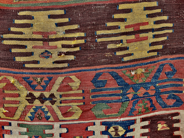 Early 18th c. or older very fine Central Anatolian kilim panel fragment, 32"x44". All original. Some White cotton. Email: patrickpouler@gmail.com