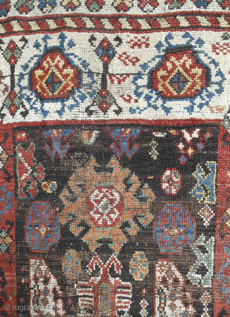 Whimsical and unique Qashqai Shekarlu rug. Circa 1850-70. Small 38" x 62". Terrific color. Email: patrickpouler@gmail.com                 