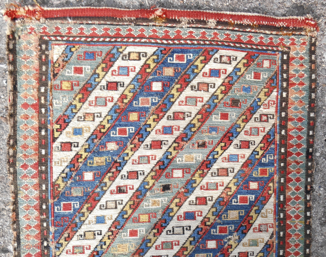 Shahsavan sumak Balisht? Never seen another. 21" x 39". Early piece. Mid 19th c. Fine and harmonious design. Old back. Email: patrickpouler@gmail.com           