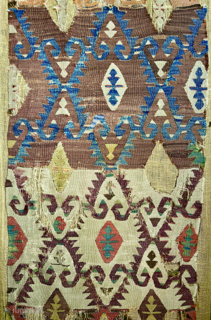 18th c. or older fine and thin central Anatolian kilim panel fragment (detail) 21" x 67". Mounted. Best old colors and interesting figure ground design. New to the western market. Please email:  ...