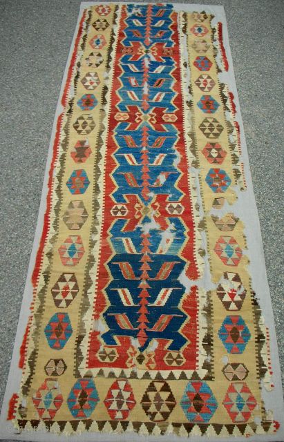 18th c. Central Anatolian one piece Obruk kilim fragment. Conserved and expertly mounted on linen. One of the best existing examples.  Ready to hang. Please email: patrickpouler@gmail.com     
