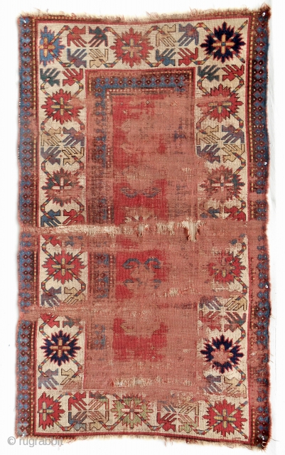 Early Caucasian Kazak rug. Distressed but beautiful. Check out the main border.                     