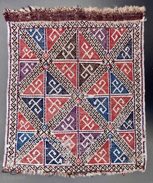 Azeri cicim mafrash end panel (17” x 20”). Mid 19th c. Pretty cool and beautiful, i think. Back is neat too! Very rare! Please email: patrickpouler@gmail.com       