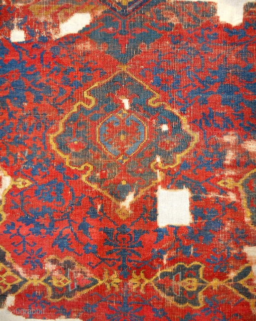 Early 17th c. Large Ushak carpet fragment. (Detail). 115 x 265cm. Mounted expertly on linen. Best color and drawing. Could be 16th c. Please email: patrickpouler@gmail.com       