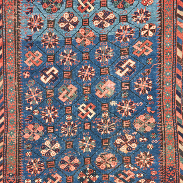 Caucasian Kuba rug. Circa 1870. 3'-6" x 5'-6". Striking abrashed blue field. Original selvedges. Email: patrickpouler@gmail.com                 