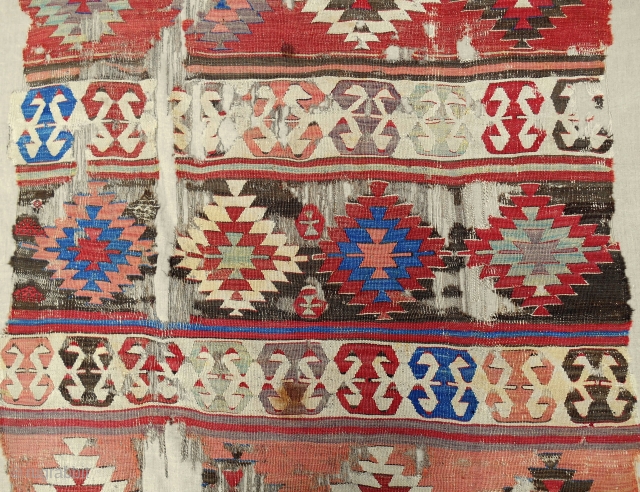 18th c. Anatolian Konya area complete one piece banded kilim. (Detail). Conserved and professionally mounted on linen. Stunning! Email:patrickpouler@gmail.com              