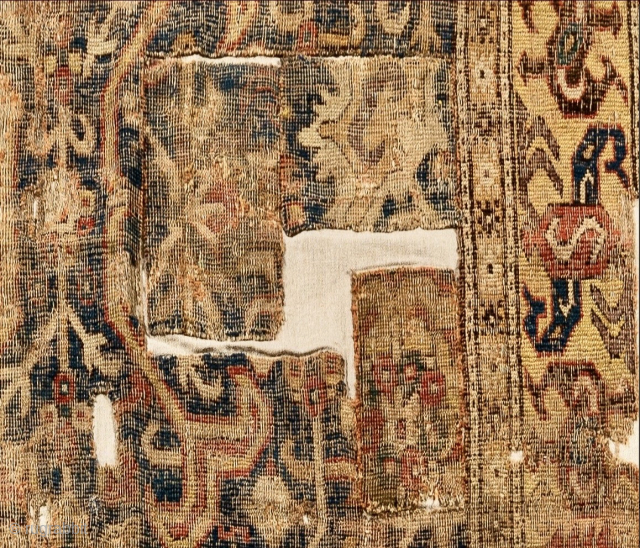 17th c Blue ground Caucasian dragon rug fragment. (4'-2" x 5'-8"). Ex Jim Dixon collection. Fantastic yellow ground pinwheel border. Available and affordable. Email: Patrickpouler@gmail.com
