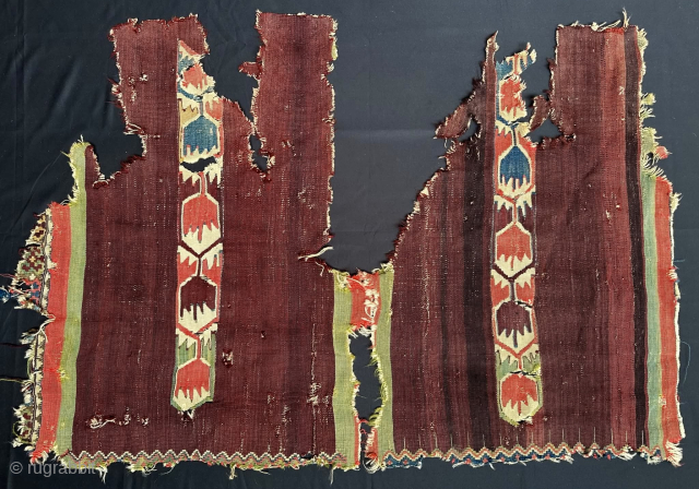 18th c. Or older Fine Central Anatolian Kilim fragments. Both together 127 x 88cm. Very rare design with stunning coffee color variegated field. Could be arranged a few ways. Email: patrickpouler@gmail.com