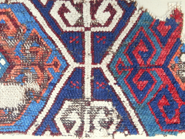 Circa 1750 Rare Eastern Anatolian rug fragment. Conserved and professionally mounted on linen.                    