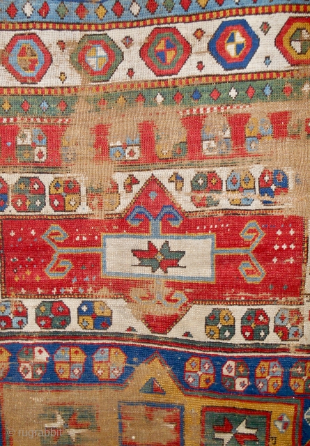 Early 19th c. Caucasian Kazak rug (detail) 5' x 3.5' ft. About 1/2 the rug. Rare and amazing. From an old European collection.          