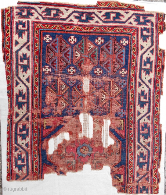 18th c. Northwest Persian Azerbaijani rug fragment. Especially beautiful borders. Conserved and mounted on linen to the highest standard. Quite interesting and rare.          