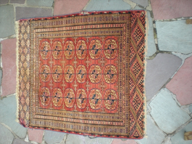 Antique Tekke Turkmen (Turkoman), later 3rd or 4th quarter 19th century, virtually complete, 4' 1" X 3' 8". Great color and unique elem design, overall good condition with a few issues. Has  ...