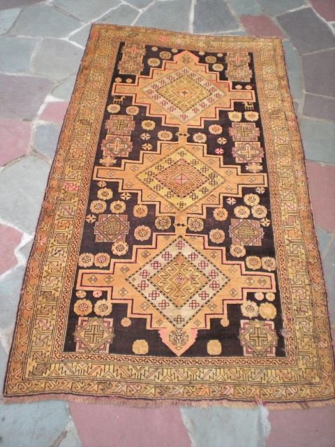 Antique Caucasian rug, 7' 4" X 4' 1", exact provenance unknown to me (Turkish? any info welcome). Unique colors, no repairs, some oxidation to brown, scattered small holes present, minimal selvedge wear,  ...