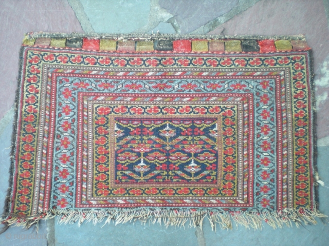 Kurdish bag fragment, 2' 4" X 1' 6". Superb colors and fine weave, no repairs, very even pile, loss on lower end only. Affordable addition to a collection, nice wall piece. Inquiries,  ...