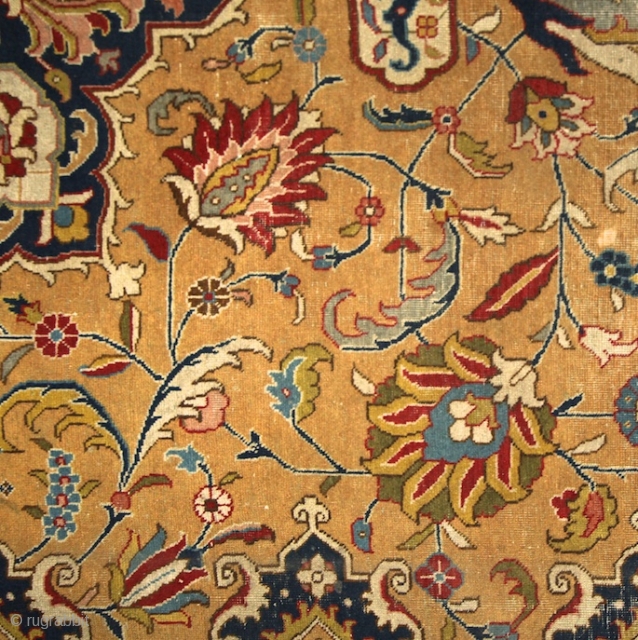 Tabriz, early 20th century, wool on cotton, 350x255 cm, perfect, all organic colours, extremely detailed, graphic drawing, note the tension between the "safavid-sicked leaf" field and the rectangularly drawn salmon border. Also  ...