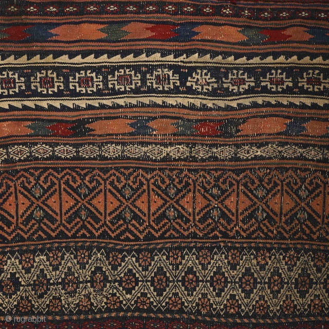 "There is geometry in the humming of the strings, there is music in the spacing of the spheres." Pythagoras
Baluch kilim, 19th century. Nearly perfect condition with original sides & ends. Great range  ...