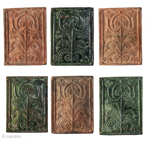 Set of 6 stove tiles, Transylvania, Kalotaszeg region, 1800-1840, 29x21,5cm each, wonderful tree of life drawing full with symbols of fertility and with a flowering tulip on its top showing the mystic  ...