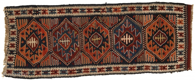 Unusual, rare Shashavan Panel. Probably Mafrash? 94x36 cm. All natural dyes with really rare orange-colour.Attractive piece with harmonical color combination and pattern. Wool on wool.No cotton.
End of 19th century. Or earlier? Perfect  ...