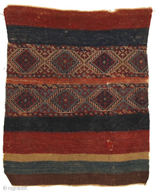 Very early anatolian Ala Chuval. 100x83 cm.
mid. or early 19th century. Used condition.
The weaving is so finely made: 6 weft-yarn on 1 cm. (!)
Colours are simply perfect: 3 different kinds of blues  ...