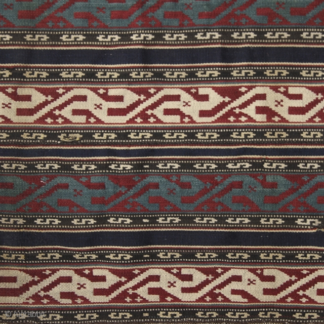 'Swastika' Jajim, 19th century, Caucasus, most probably Sahsavan, 162x148 cm, perfect condition. Never seen a piece before with comlete Swastika design.... Did you? More pieces on sale: http://rugrabbit.com/profile/5160     
