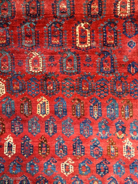 Rythm, fantasy and cheerfulness from the mid 19th century. Pre-comemrcial Beshir tribal rug in mostly full, soft, shiny pile. Saturated, vivid, bright, lightning organic dyes ... vibrating in the flesh. A precommercial  ...