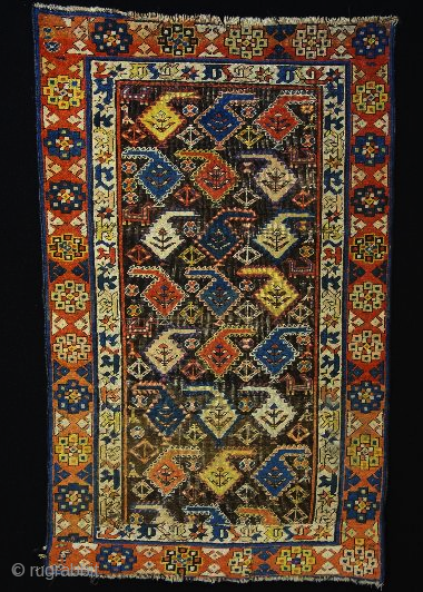 Gendje, 152x100cm, 2nd half of 19th cent., Vivid natural colours with masterly combined contrasts. What other colour would you need for an old Gendje? a rainbow above the Caucasus between orange border,  ...