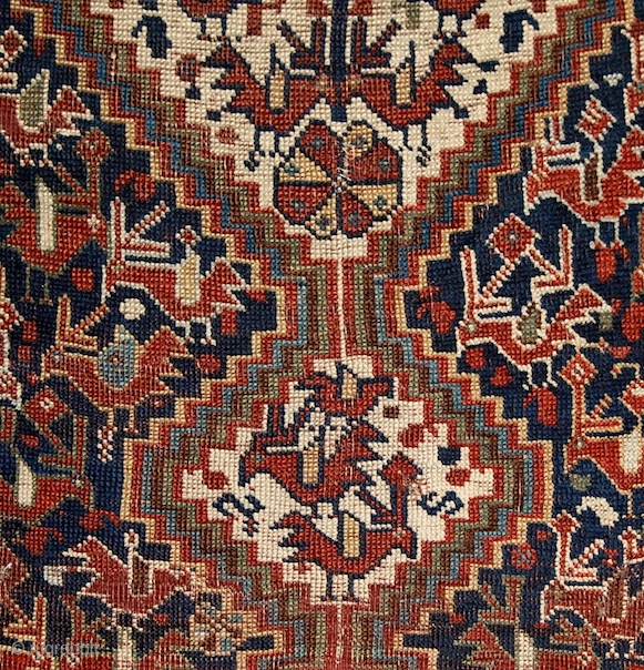 Poetic Khamseh "bird" rug, 19th century, wool on wool, a lovely storytelling about birds in love on the sides of a tree of the life which ends in seeds (bottom of the  ...