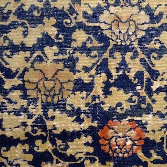 "Water surrounds the lotus flower, but does not wet its petals." - Gautama Buddha,
Ningxia carpet, ca. 17000 .... wool pile on cotton warps & wefts,super soft, floopy handle. A pleasure for the  ...