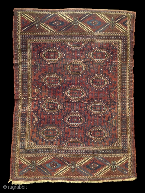 Turkmen "Turreted"/Pendi Göl rug, 100x150cm, soft wool, very fine graphic weaving, pile is full except on some parts, where it was folded, no repair, original selvages and kilim ends, perfect saturated light  ...